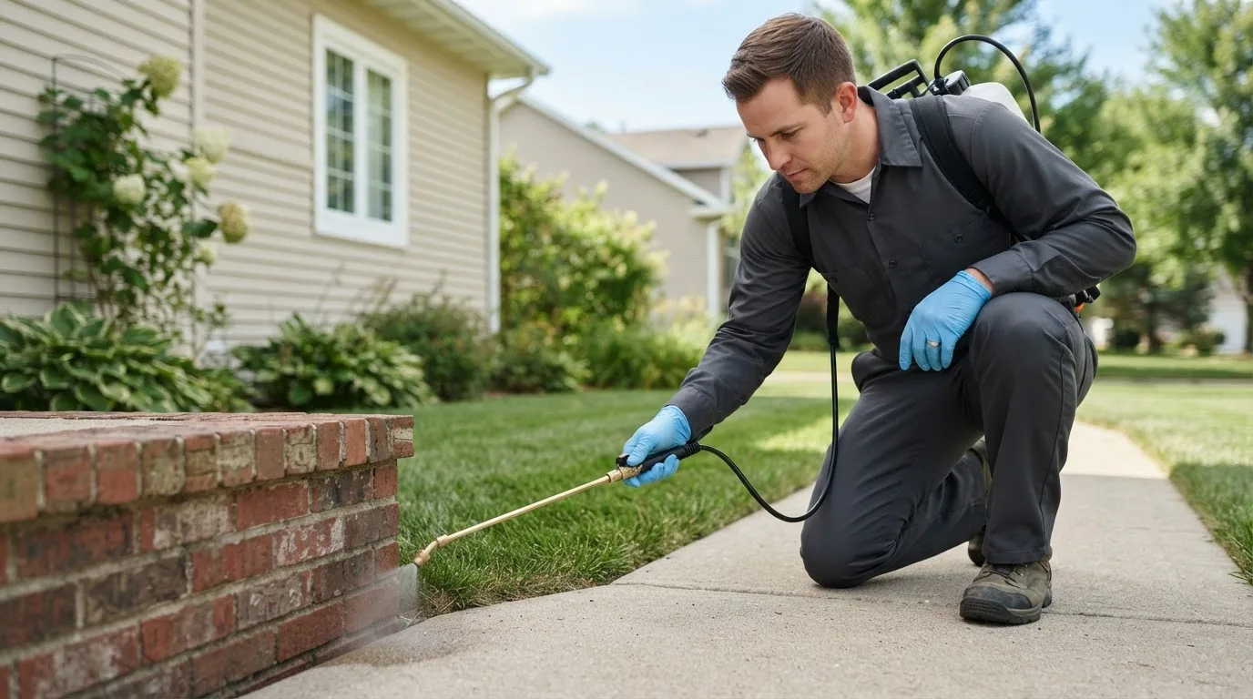Pest control technician treating a home near Ridgely, MD